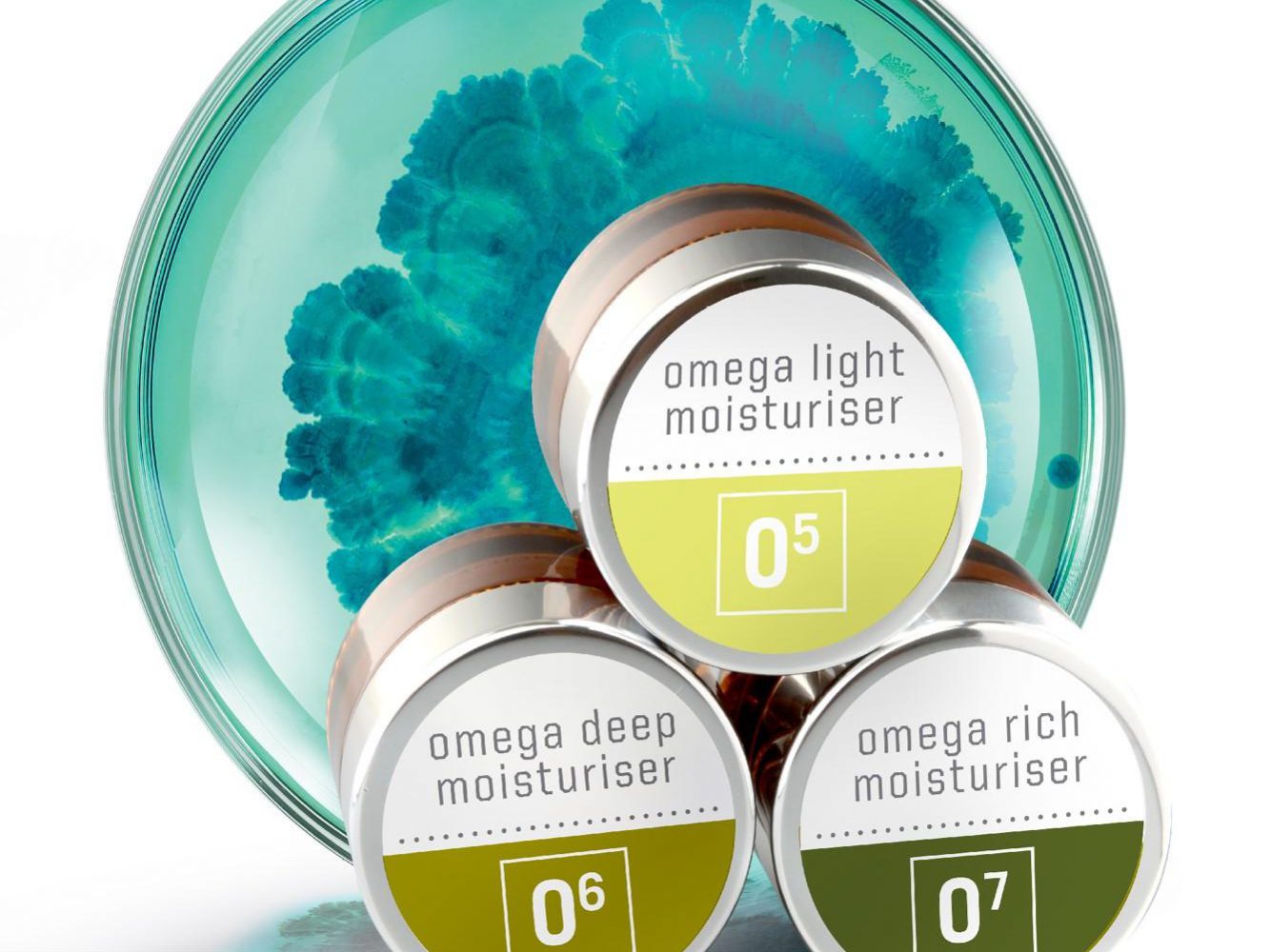 20 Oct Three containers of moisturizer in front of a circular glass dish with a teal and green abstract pattern. Each container is labeled: "omega light moisturiser 05," "omega deep moisturiser 06," and "omega rich moisturiser 07.