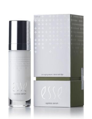 A minimalist-designed product photo featuring a white and silver bottle of Esse Ageless Serum next to its corresponding packaging box. The box is primarily white with plus sign graphics and a green section at the bottom. The text reads "anti-aging serum" and "Esse Ageless Serum.