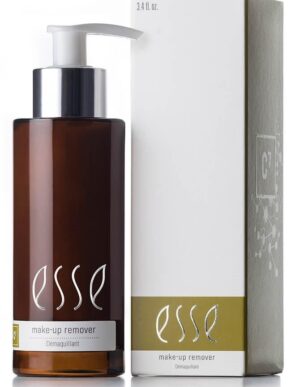 A brown pump bottle labeled "Esse Make-up Remover" stands next to its box with matching branding. The box is white with gold accents and has the same "Esse Make-up Remover" text on it. The bottle contains 3.4 fl oz of product.