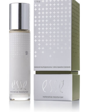 The Esse Restorative Moisturiser, featuring a silver cap, is displayed beside its box. Both have a minimalist design with white crosses and silver text on muted green and gray backgrounds.