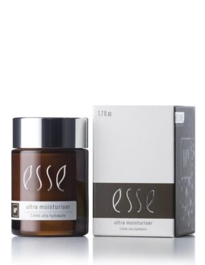 A brown jar with a silver lid labeled "Esse Ultra Moisturiser" is placed next to its white rectangular box with the same labeling. The jar holds 1.7 fl. oz. of product.