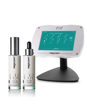 A product display featuring two skincare bottles labeled "Part One" and "Part Two" from the Prescript line by the brand Esse. They are positioned next to an electronic device with a touchscreen interface, also branded Esse, mounted on a black stand.