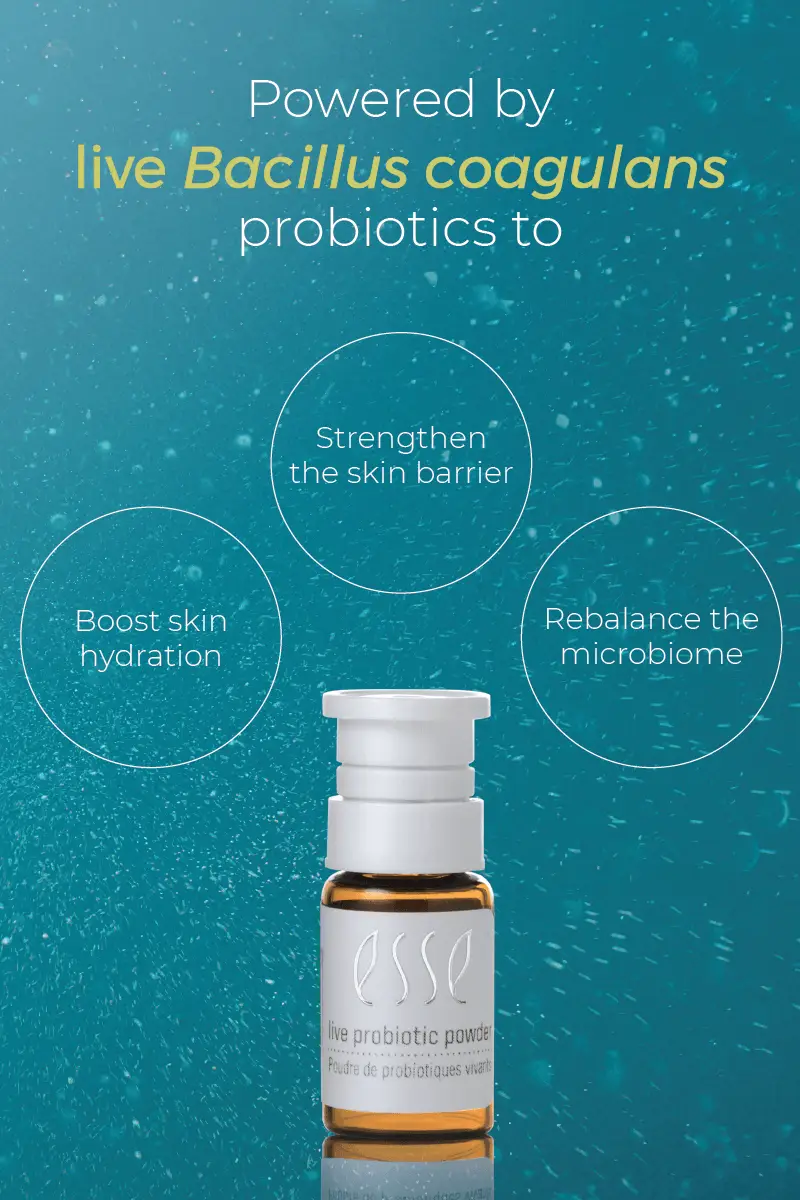 A bottle labeled "Live Probiotic Mist" is pictured against a blue background with bubbles. Text highlights benefits: "Powered by live Bacillus coagulans probiotics to strengthen the skin barrier, boost hydration, and rebalance microbiome.
