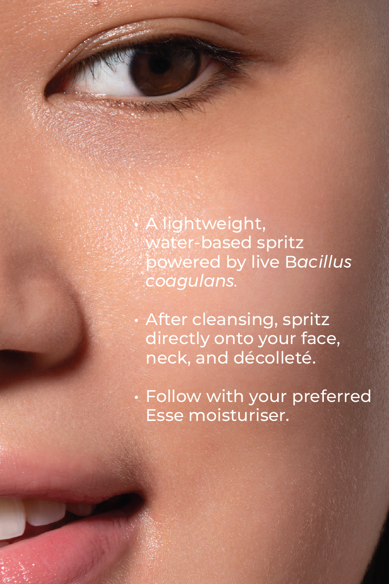 A close-up of a woman's face with text describing Live Probiotic Mist, a lightweight, water-based spritz with Bacillus coagulans. Spritz after cleansing and follow with Esse moisturizer.