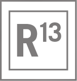 A gray letter "R" with a small superscript "13" next to it, centered inside two rectangular borders on a white background.