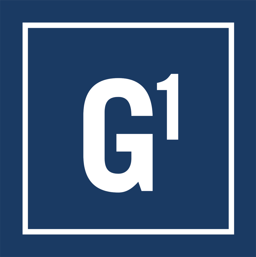 White “G1” text in a bold sans-serif font is centered on a dark blue background. The text is enclosed within a white square border, with space between the text and the border.