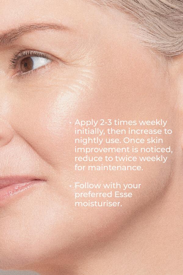 Close-up of a mature woman's face showing smooth skin and visible wrinkles, with text on how to apply Esse Probiotic Serum and advice to follow with moisturiser.