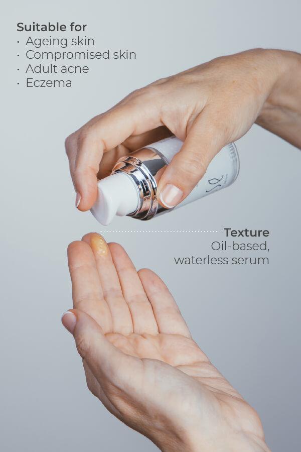 A hand dispenses a small amount of Esse Probiotic Serum onto the palm. Text notes the product is suitable for ageing skin, compromised skin, adult acne, and eczema.