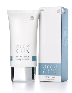 A tube of Esse Barrier Rescue stands next to its matching blue and white box, both featuring the product’s name and branding on a white background.